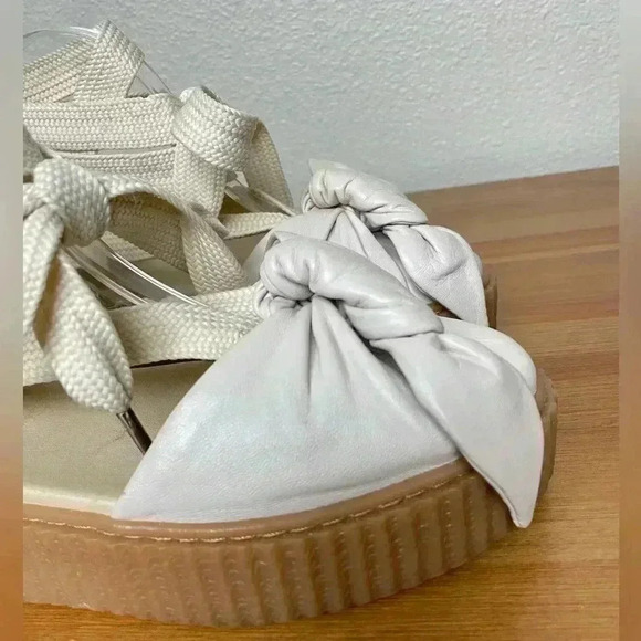 FENTY PUMA Women's 8.5 The Bow Creeper Sandals Cream Leather Lace Up Flatform - Picture 5 of 16